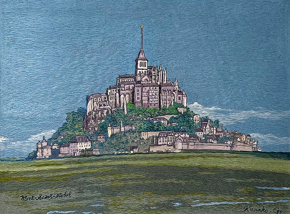 【手刺繍画】 Mont Saint-Michel Blue