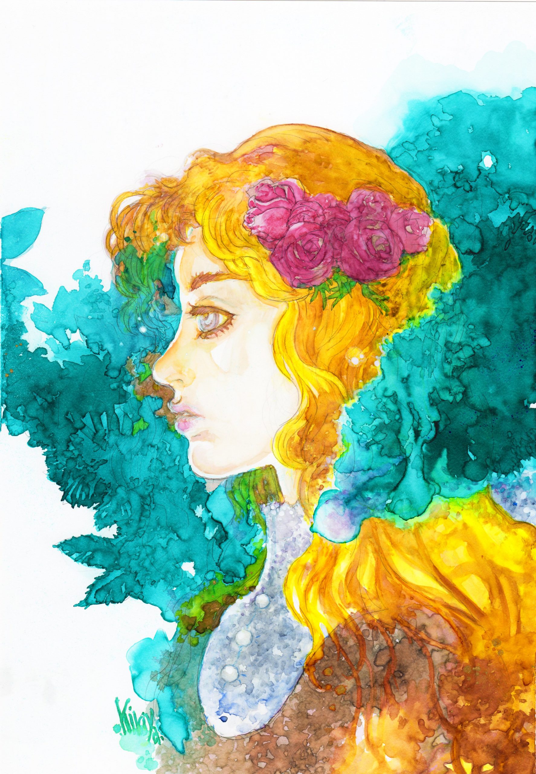 森に佇む - 薔薇の花飾りの少女