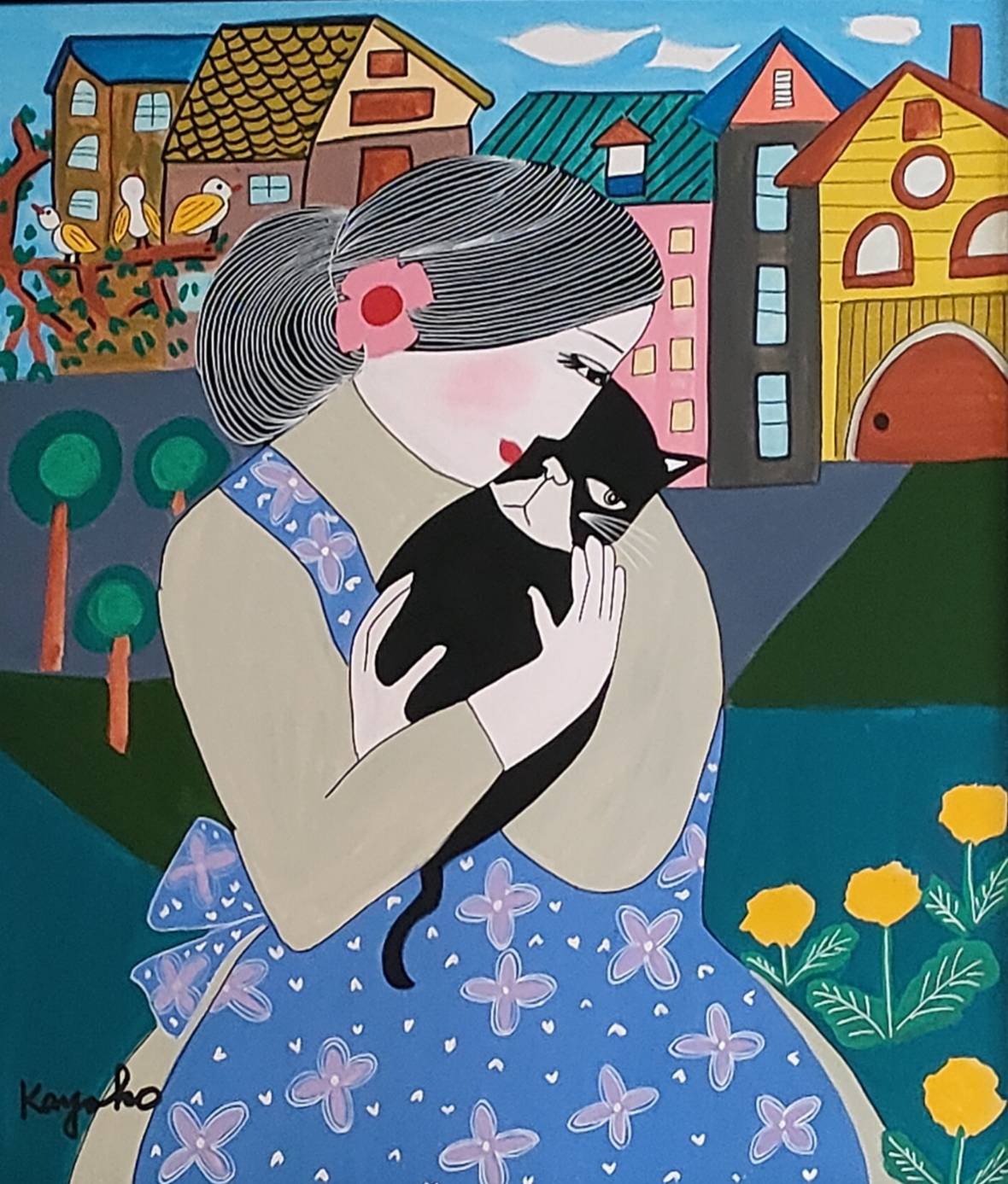 黒猫を抱く女性