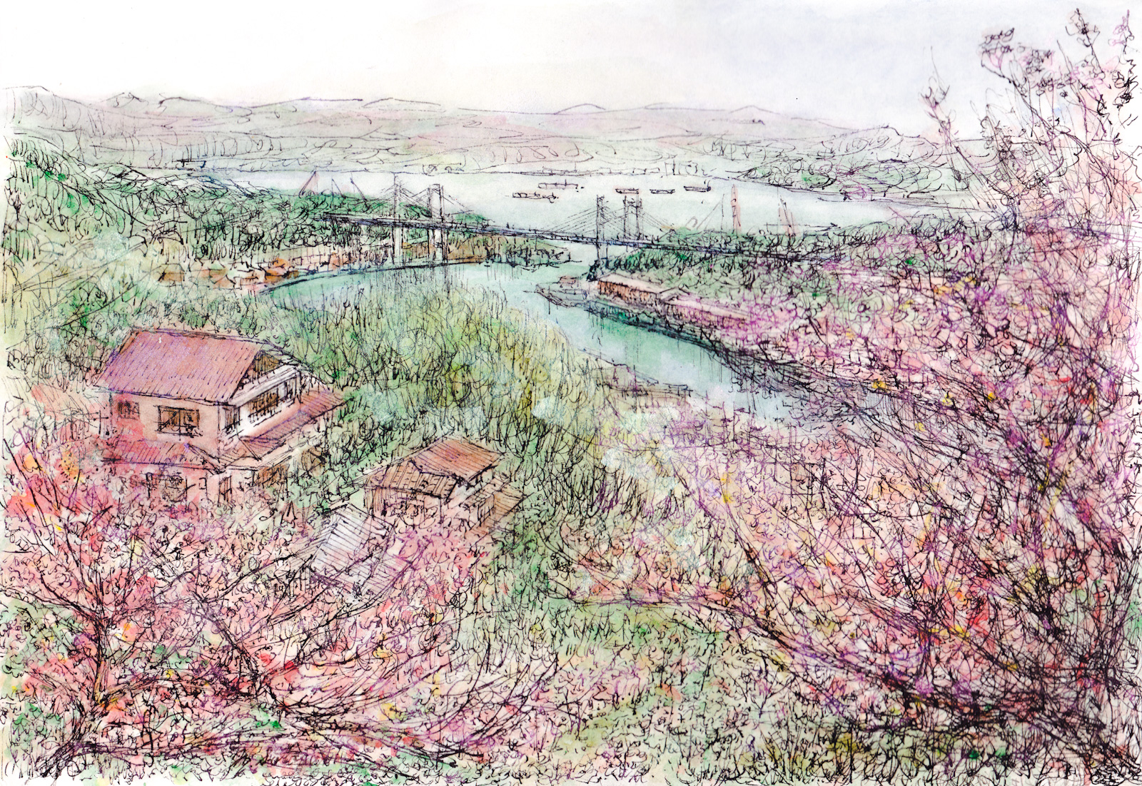 桜と尾道水道