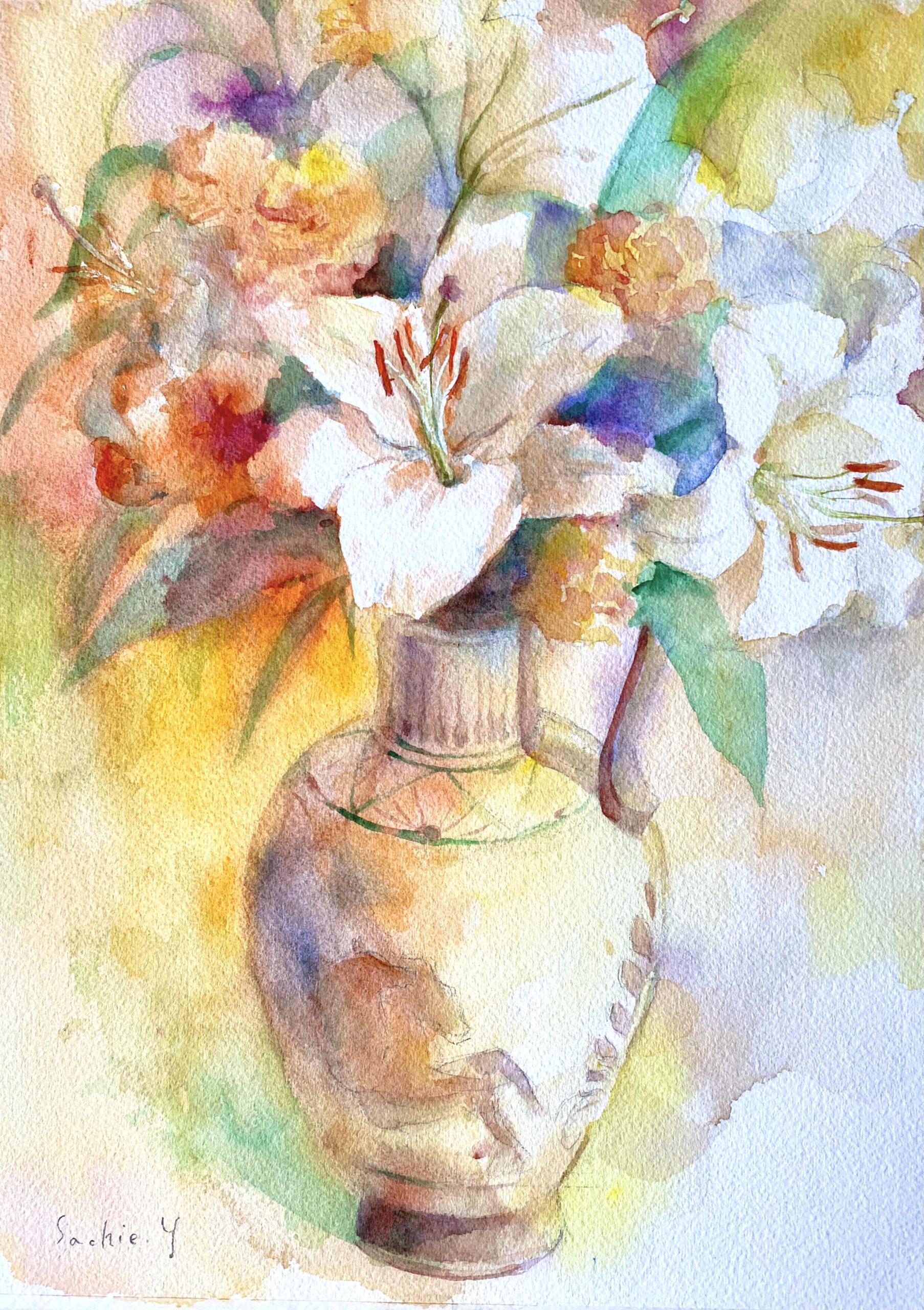 白百合と黄色の花瓶