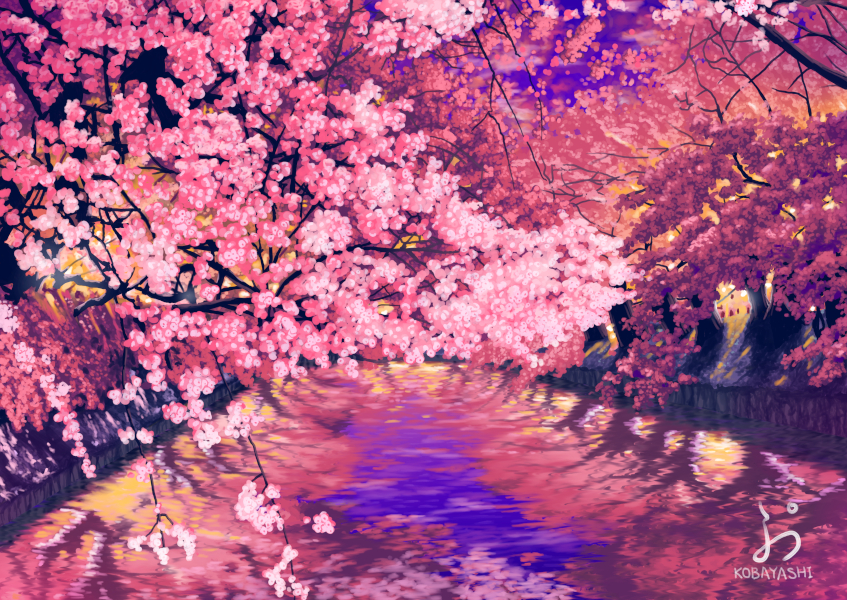 国産超特価守口みやびの油絵「夜桜」 自然、風景画